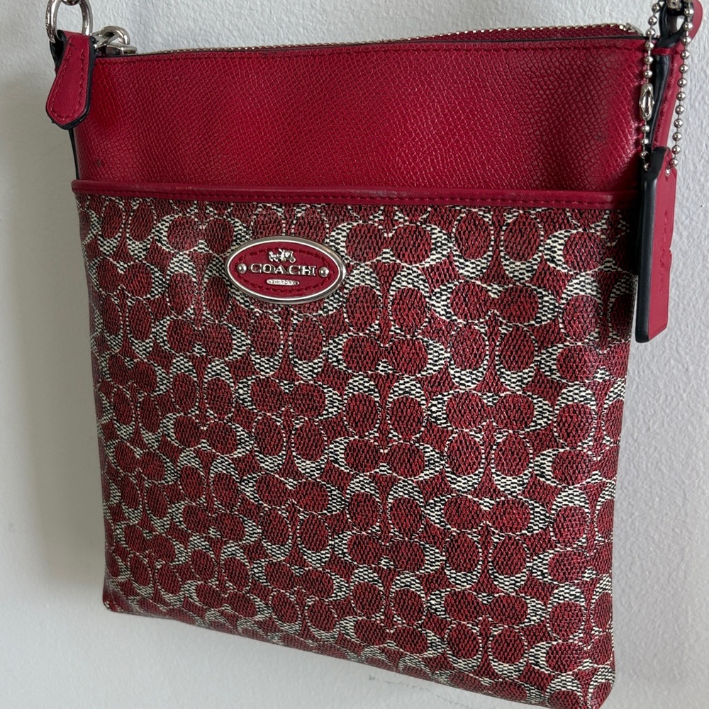 Coach Signature Red Crossbody Bag Leather Trim - Picture 2 of 13
